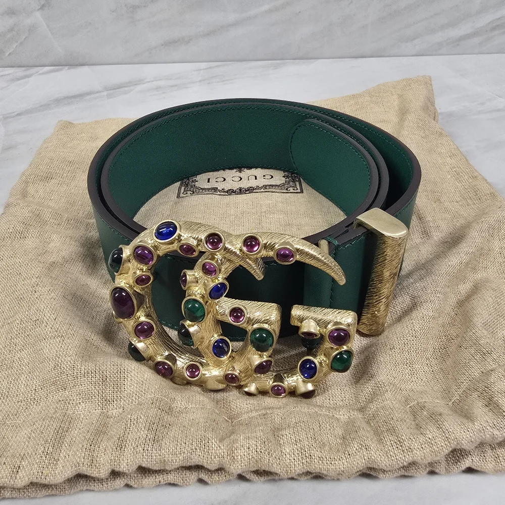 🔥RARE🔥Gucci Green Leather Logo Belt with Jeweled Double G Buckle - Picture 2 of 7